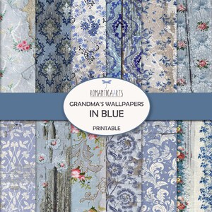 Omas Tapeten, Junk Journal druckbare, schäbige blaue Muster, blaue Papierpackung, Vintage-Muster, digitale Tapete, digitaler Download