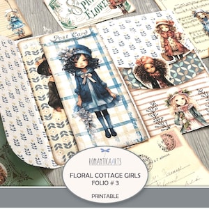 フローラル コテージ ガール フォリオ キット、コテージ プリンタブル、ポケット フォルダー、ジャンク ジャーナル フォリオ、ロード ポケット、印刷可能なフォリオ、コテージコア クリップアート