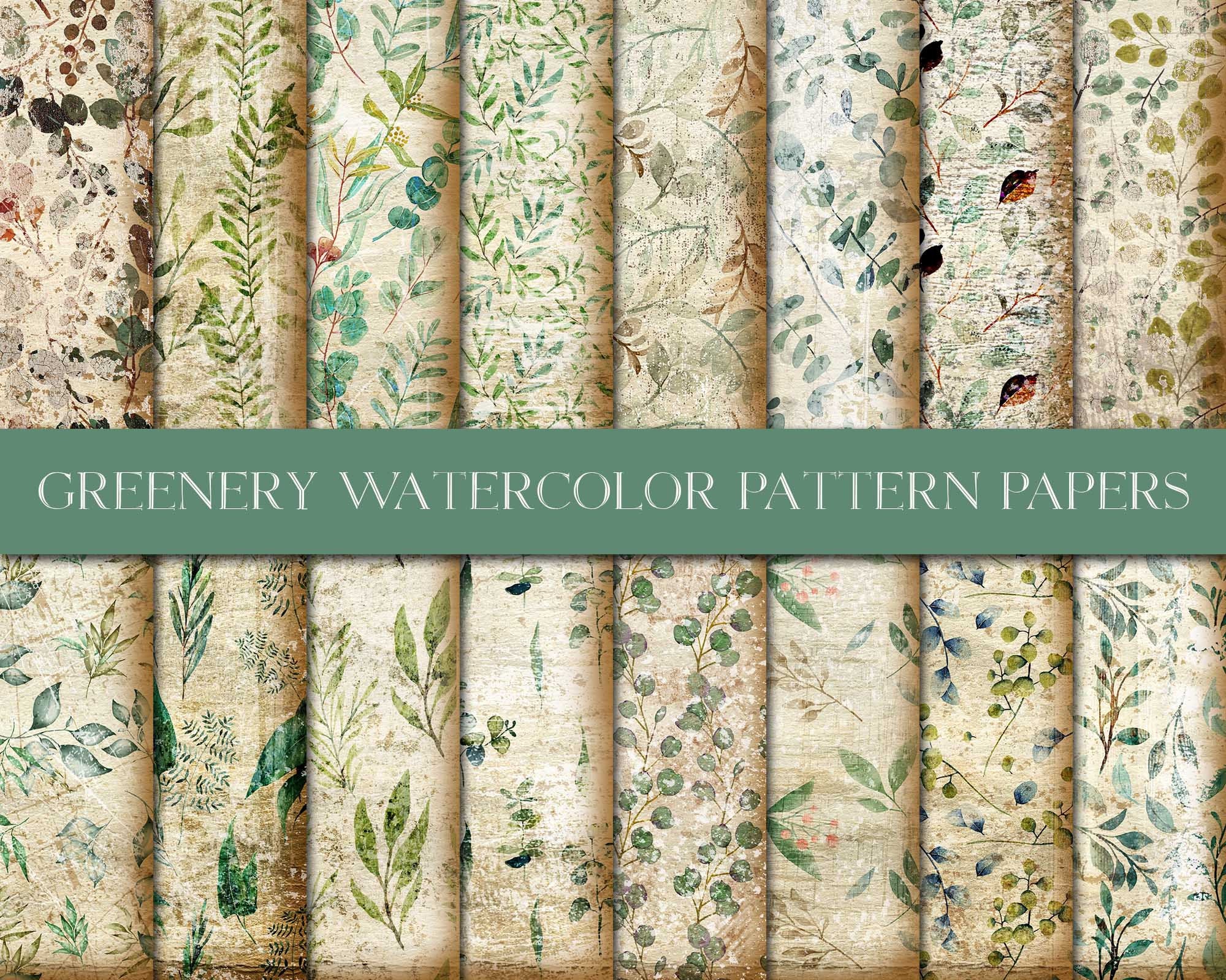 Digital Greenery Pattern Watercolor Paper, Shabby Botanical Pattern P…