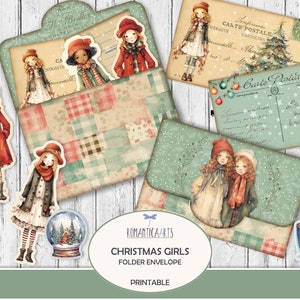 クリスマスガールズフォルダー封筒、ジャーナル用、ポケットフォルダー、スクラップブックフォリオキット、ポケット封筒、ジャンクジャーナルサプライ、ジャーナルインサート