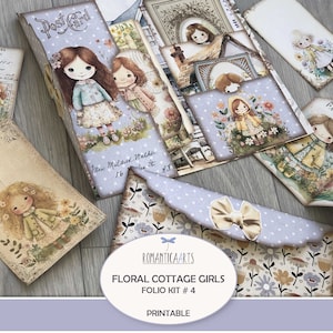 Floral Cottage Girls Folio Kit, Cottagecore digitales Papier, digitales Folio, Junk Journal Folio, faltbares Folio, gefüllte Taschen, Journal Versorgung