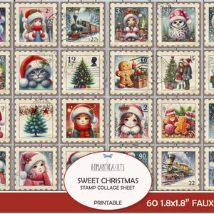 スイートクリスマスフェイクスタンプ、クリスマスクリップアート、ジャンクジャーナルキット、ジャンクジャーナルペーパー、デジタルペーパー、コテージコア、コラージュシート