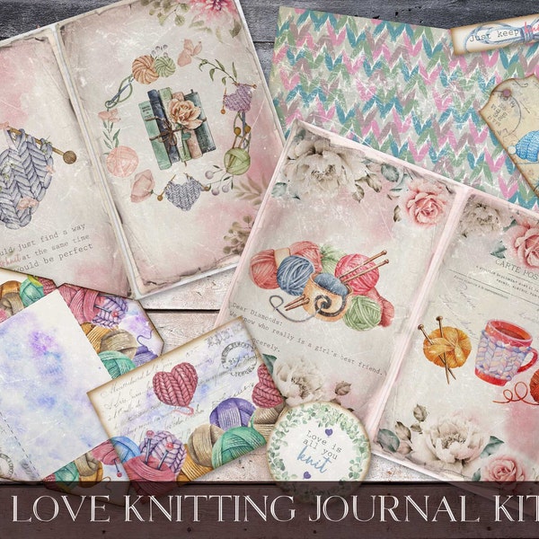 I Love Knitting Journal Kit, Junk Journal, Knitting Lover Paper, Yarn Lover Journal, Digital Download, Scrapbook Paper
