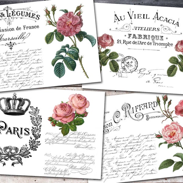 Digital Roses Images For Transfer, Printable Floral Images For Transfer, Pink Roses Transfer, Black And White Transfer, Decoupage Furniture