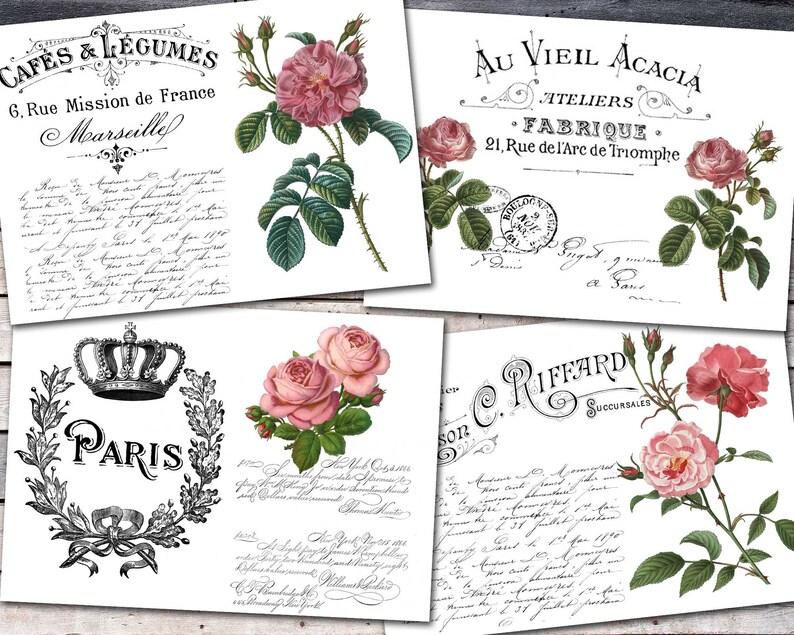 Digital Roses Images For Transfer, Printable Floral Images For Transfer, Pink Roses Transfer, Black And White Transfer, Decoupage Furniture image 1