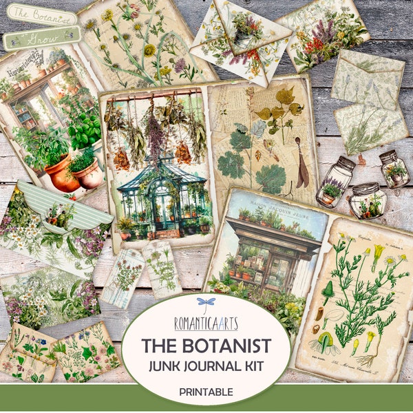 The Botanist Junk Journal Kit, Digital Vintage Botanical Collage Sheet, Herb Journal,