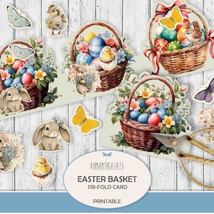 Carte numérique trois volets pour panier de Pâques, carte de voeux de Pâques, journal indésirable de Pâques, papier de journal lapin, éphémères de Pâques, impression printanière