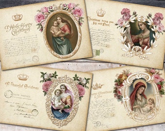 Madonna And Child Card, Christmas Paper, Virgin Mary Digital, Vintage Religious Card, Madonna Collage Sheet,