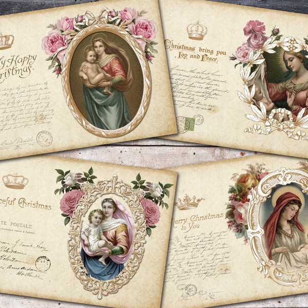 Madonna And Child Card, Christmas Paper, Virgin Mary Digital, Vintage Religious Card, Madonna Collage Sheet,