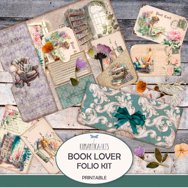 Book Lover Folio Kit, Junk Journal Printable, Happy Mail, Vintage Book, Cozy Book Nook, Tri Fold Folio Kit, Loaded Folder, Digital Download