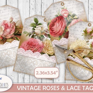 Vintage Roses Tags Digital, Printable Lace Gift Tags, Romantic Roses ...