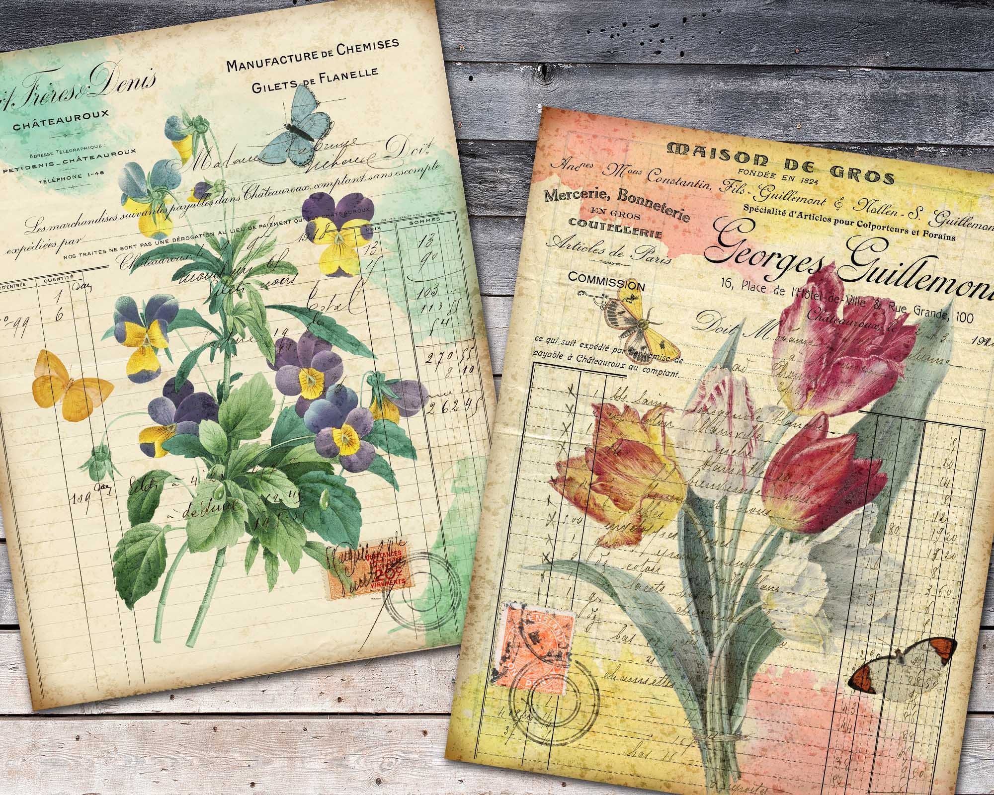 Vintage Botanical Journal Paper, Botanical Digital, Flowers