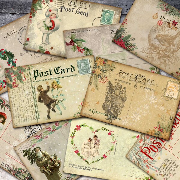 Vintage Style Christmas Postcards For Journal, Santa And Kids Digital Paper, White Christmas Collage Sheet, Printable Shabby Winter Postcard