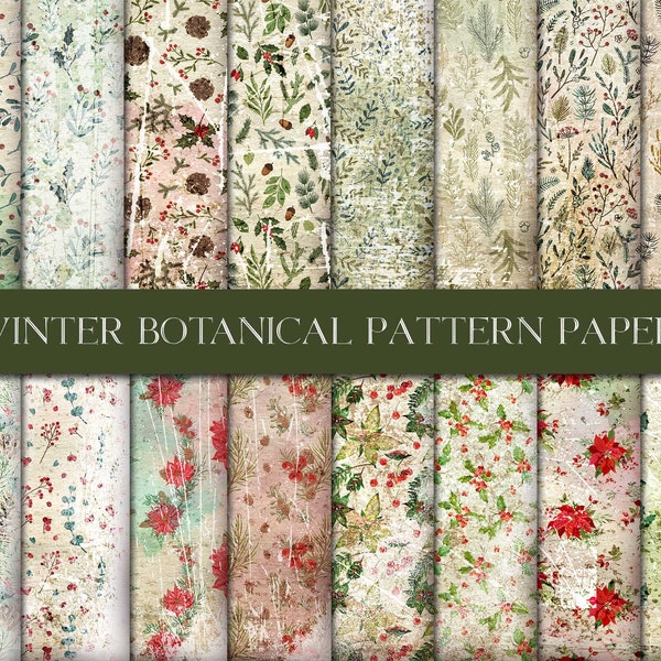 Winter Botanical Pattern Papers, Digital Paper Pack, Shabby Winter Paper, Background Paper, Christmas Pattern, Digital Download