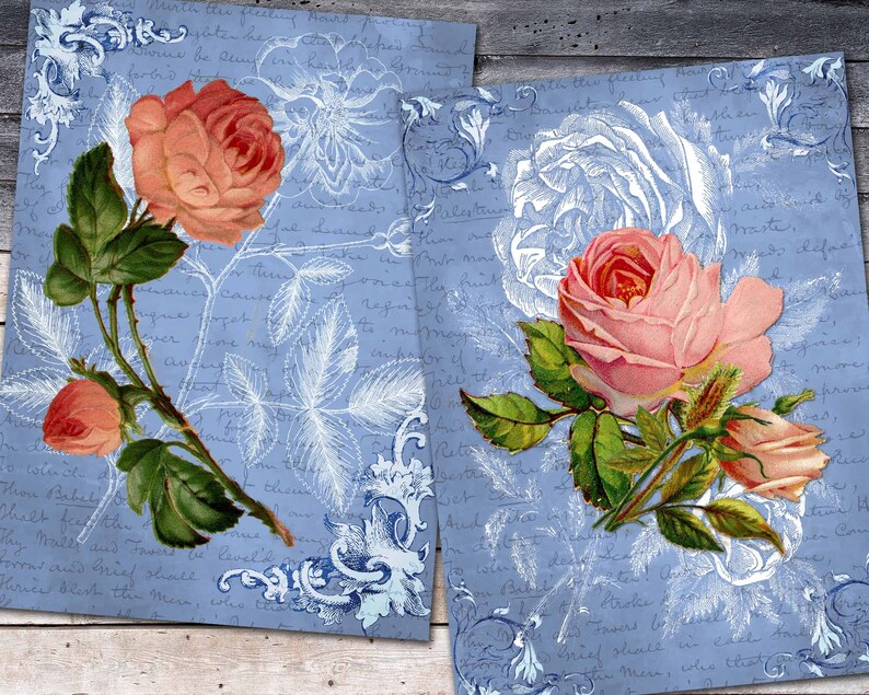 Shabby Pink Roses Pages for Journals Blue Background Pink - Etsy