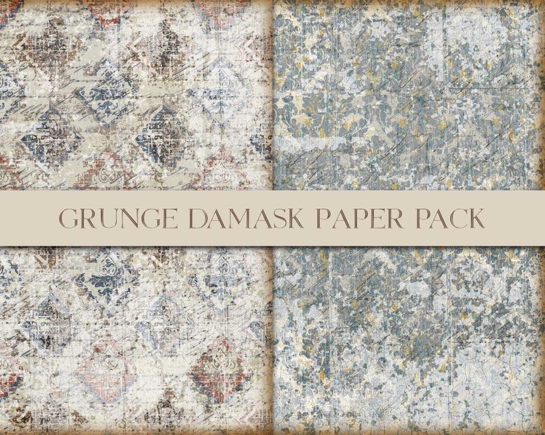 Grunge Damask Pattern Paper Pack, Wallpaper Style, Damask Digital Paper, Vintage Damask, Background Paper, Journal Supply, Digital Download image 3