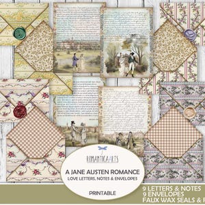 Cartas y sobres de amor de Jane Austen, Orgullo y prejuicio, Amante de los libros, Diario digital, Kit de diario, Papeles digitales de la Regencia.