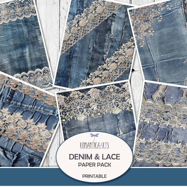 Blue Denim And Lace Digital Paper, Grunge Paper Printable, Junk Journal Supply, Paper For Crafting, Vintage Fabric Style