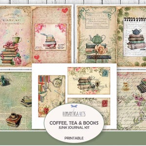 Kit de diario basura de café, té y libros, té y tazas de té, amante de los libros, amante del café, diario basura digital, descarga digital, papel para álbum de recortes