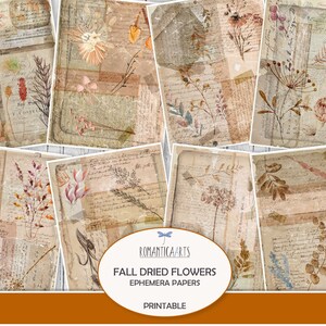 Papel digital con flores secas, papel con flores prensadas, papel para diario de otoño, páginas en capas, efímeras vintage, papel de arroz falso, descarga digital