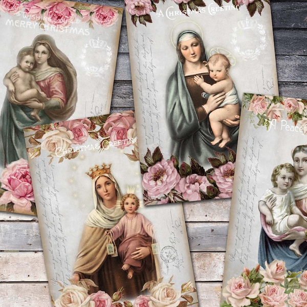 Christmas Madonna And Child Digital Sheets, Shabby Virgin Mary Digital Download, Madonna And Baby Jesus Greeting Card, Vintage Holy Card