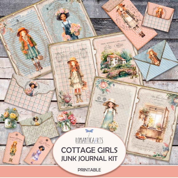 Sweet Cottage Girls Junk Journal Kit, Shabby Country Farm Girl Digital Download, Vintage Style, Scrapbook Paper