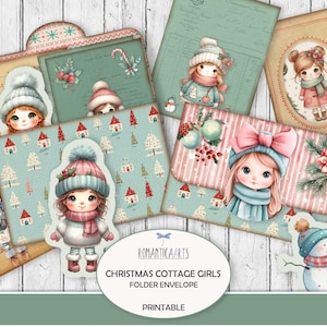 Sobre carpeta "Christmas Cottage Girls", Cottage Core, kit de diario basura, kit de folio, imprimible navideño, papeles digitales, bolsillo de diario