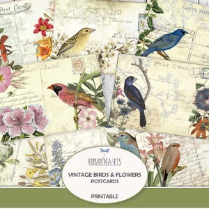 Vögel und Blumen Postkarte, Vintage Postkarte, Frühlingsvögel, Blumen Karte, druckbare Postkarten, Junk Journal, digitaler Download