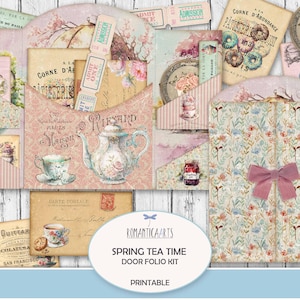 Étui folio à double porte pour l'heure du thé de printemps, journal indésirable imprimable, thé et roses, dossier chargé, folio pliable minable, téléchargement numérique