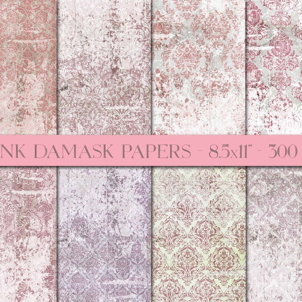 Pink Damask Paper, Digital Paper Pack, Damask Background, Shabby Pink Pages, Grungy Damask, Digitals For Print