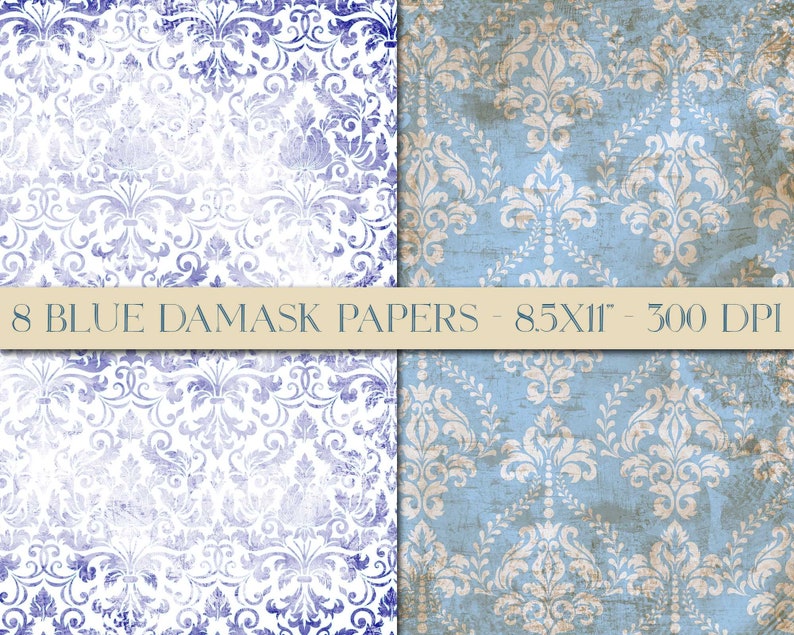Digital Blue Damask Paper Shabby Vintage Damask Downloads Etsy