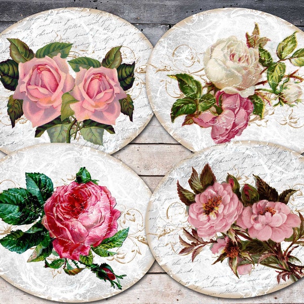 Shabby Roses Oval Collage Sheet, Vintage Roses Printable Cards, Digital Vintage Shabby Tags, Romantic Floral Scrapbook Paper, Victorian Tag