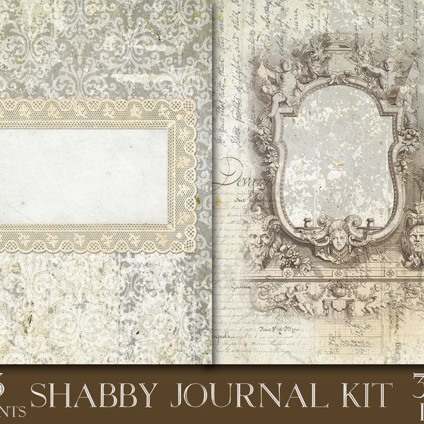 Shabby Tattered Junk Journal Paper, Vintage Digital Journal Pages, Damask Scrapbook Paper Download, Grunge Paper Ephemera For Crafting