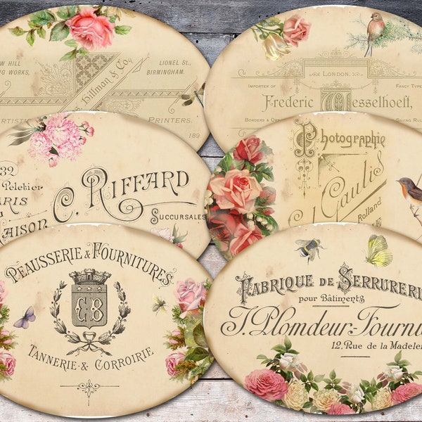 Étiquettes ovales roses minables, étiquette numérique éphémère Français, découpage publicitaire Français, feuille de collage d'étiquettes vintage, imprimés vintage Français