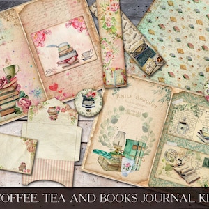 Coffee Tea And Books Junk Journal Kit, Tea And Teacups, Book Lover, Coffee Lover, Digital Junk Journal, Digital Download, Scrapbook Paper