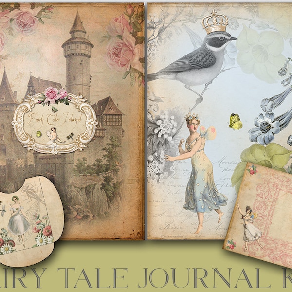 Fairy Tale Journal Kit, Digital Magical Collage Sheet, Vintage Journal Paper, Castle Digital Page