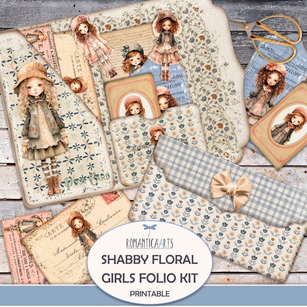 Shabby Floral Girls Folio Kit, Printable Loaded Folder, Vintage Girl Folio, Digital Folding Folio, Pastel Colors, Junk Journal