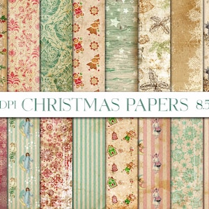 Christmas Paper, Digital Paper Pack, Shabby Damask, Snowflake Paper, Angel Paper, Striped Paper, Red And Green