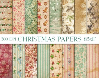 Christmas Paper, Digital Paper Pack, Shabby Damask, Snowflake Paper, Angel Paper, Striped Paper, Red And Green