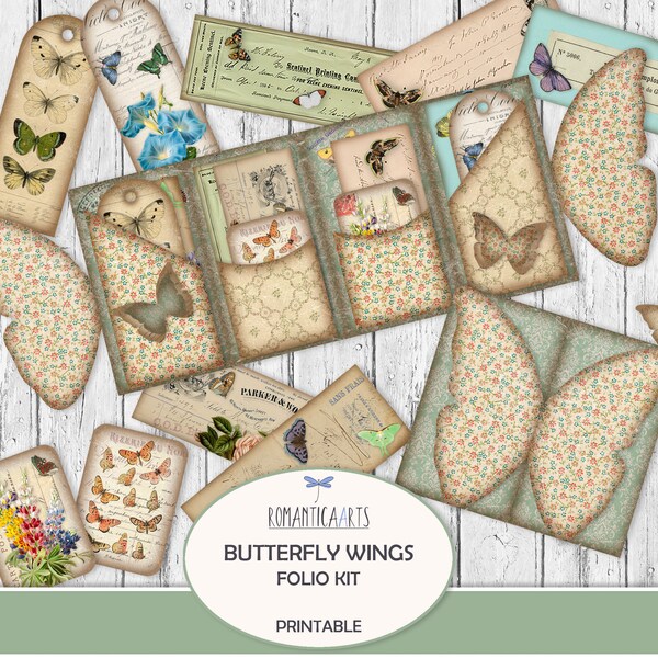 Butterfly Wings Folio Kit, Butterfly Digital Junk Journal, Shabby Four Fold Folio, Loaded Folder, Journal Insert