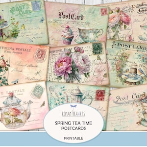 Carte postale de l'heure du thé de printemps, journal indésirable imprimable, carte postale vintage, thé et roses, ajout de journal, encart de journal, téléchargement numérique