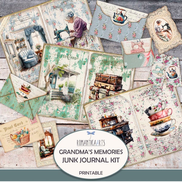 Grandma's Memories Journal Kit, Junk Journal Printable, Shabby Digital, Vintage Style, Wallpaper Background, Floral Pages, Digital Download