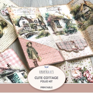 Niedliches Landhaus Folio Kit, Tri Falz Kit, Cottage Girls, Shabby Folio Pocket, geladener Ordner, Journal Kit, digitaler Download, Journal Einleger