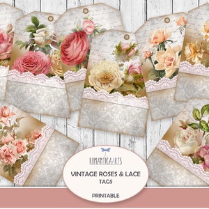 Etiquetas digitales con rosas vintage, etiquetas de regalo con encaje para imprimir, descarga digital de rosas románticas, etiqueta colgante con rosas victorianas desgastadas, hoja de collage floral