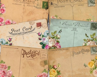 Editable Vintage Roses Postcards, Digital Victorian Rose, Postcard Template Editable, Shabby Decoupage Paper, Junk Journal, Digital Download