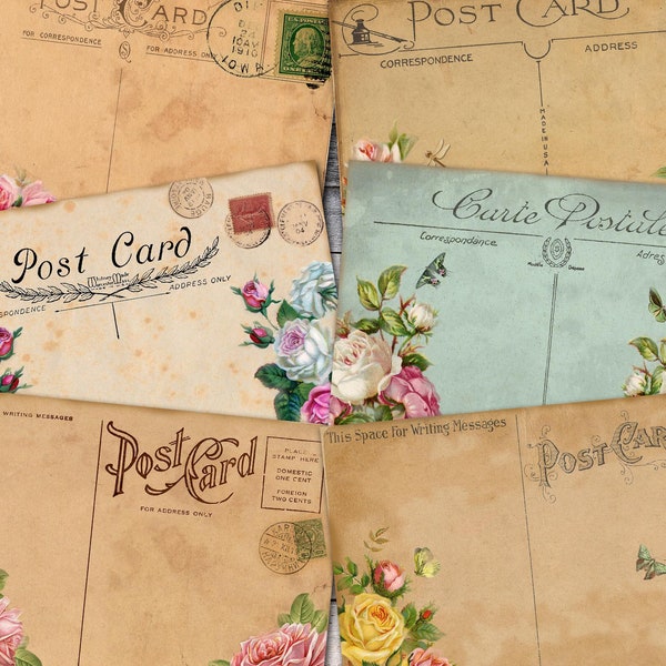 Editable Vintage Roses Postcards, Digital Victorian Rose, Postcard Template Editable, Shabby Decoupage Paper, Junk Journal, Digital Download