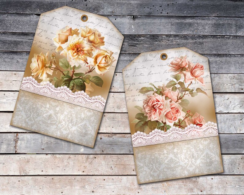 Vintage Roses Tags Digital Printable Lace Gift Tags Romantic Etsy