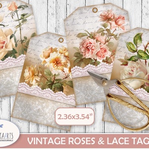 Vintage Roses Tags Digital, Printable Lace Gift Tags, Romantic Roses ...
