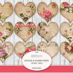 Etiqueta de corazón con rosas, tarjeta con forma de corazón, rosas shabby, rosas vintage, día de San Valentín, hoja de collage de etiquetas, rosas románticas, diario basura, descarga digital