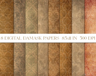 Tan Damask Pattern Digital Paper, Vintage Damask, Brown Damask, Grunge Paper Pack, Junk Journal, Digital Download, Background Paper